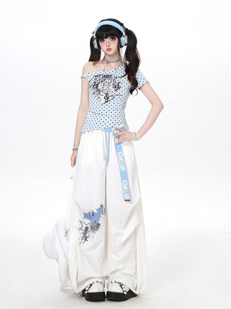 Asymmetric Shoulder Polka Dot Kitty Print T-Shirt - CRAZY GIRL