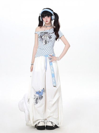Asymmetric Shoulder Polka Dot Kitty Print T-Shirt - CRAZY GIRL
