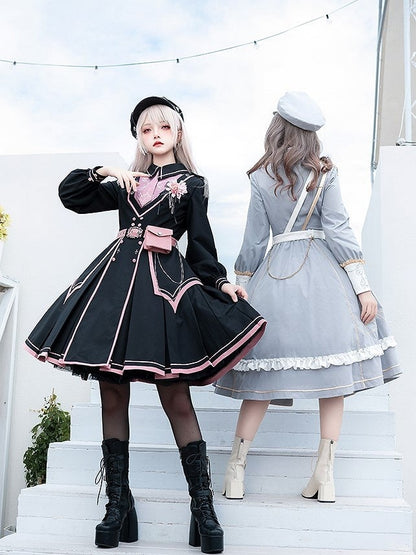 Military with Hem Buttons Blue and Ruffled Dress White Lolita Gold-tone