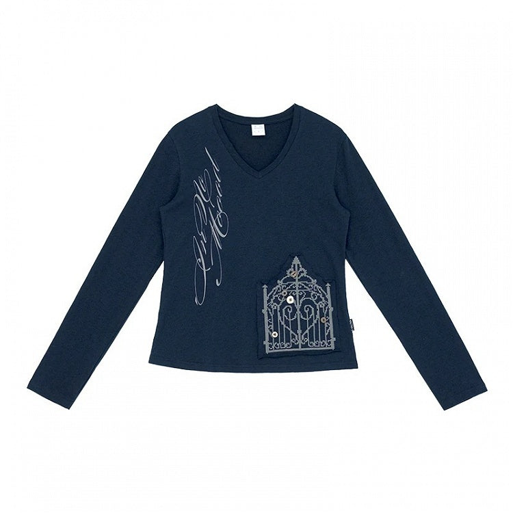 Vintage Y2K Navy Blue Letter Print V-Neck Long Sleeve Top with Iron Gate Patch - innomoood