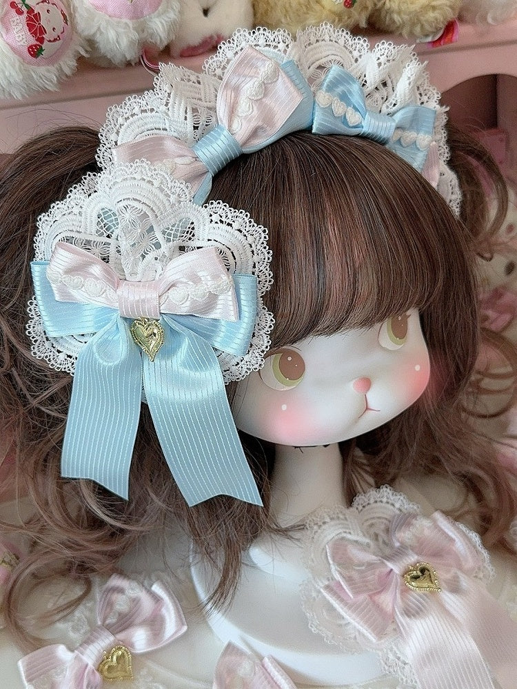 WhiteBlue Trim Details KC Lace Decorated Bowknot Heart