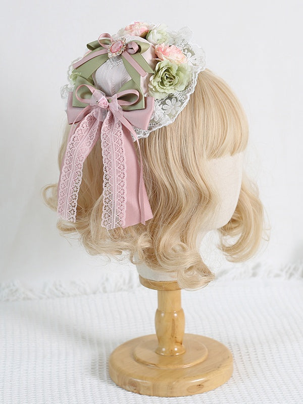 Lolita Floral Hat Gorgeous Lace And Rhinestone With Mini Bowknot Decoration