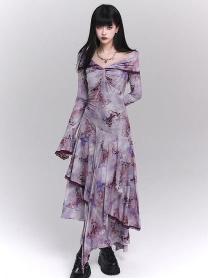 Purple/Dark Gray/Apricot Off-the-Shoulder Butterfly Print Twist Detail Dress