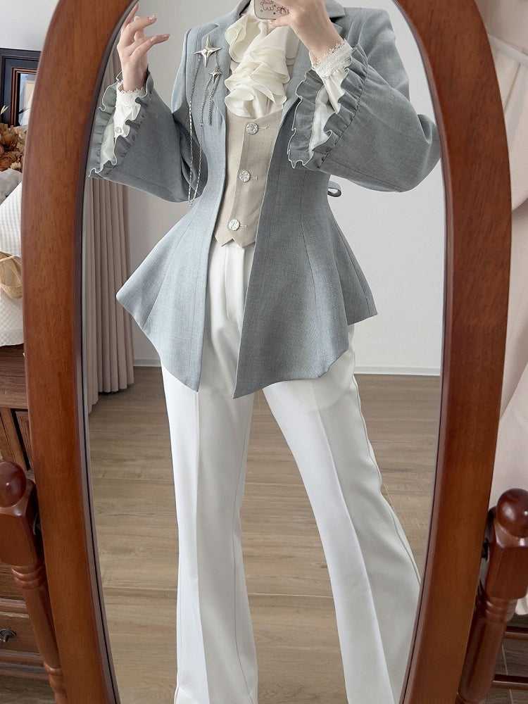 Elegant Blue and Beige Single-Breasted Jacket with Lacing Detail