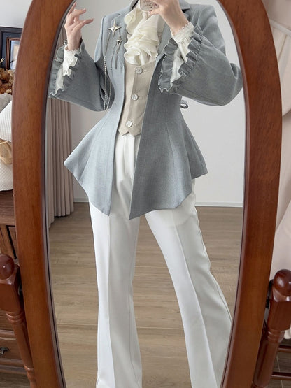 Elegant Blue and Beige Single-Breasted Jacket with Lacing Detail