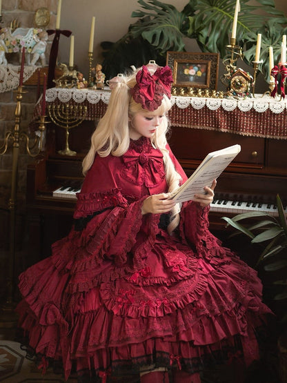 Sleeves Bust + Blouse Bell Gothic - Cape JSK Lolita Wine Set Under Full Red Dress