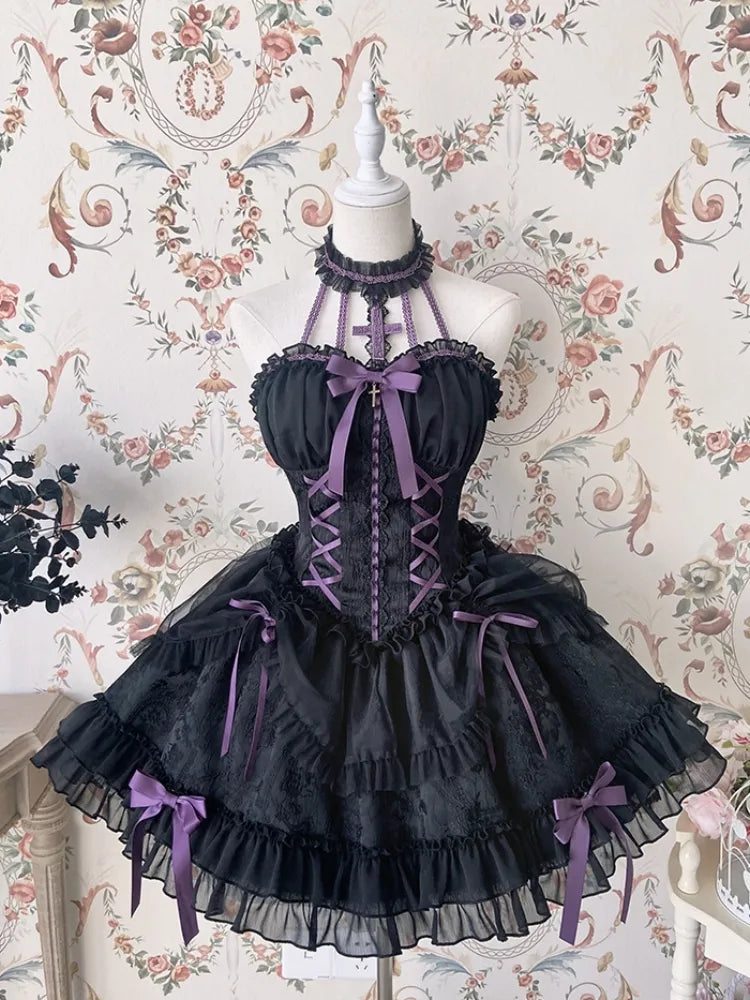 クロスベル ブラック＆パープル コルセットウエスト ゴシックロリータドレス