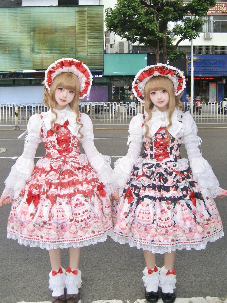 Set Black and Strawberry Desserts Full Sweet Print Lolita JSK /