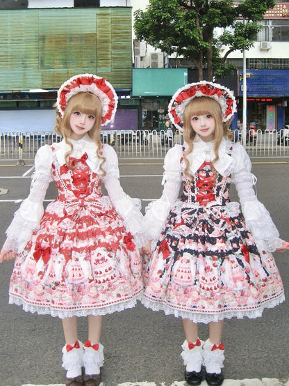 Set Black and Strawberry Desserts Full Sweet Print Lolita JSK /