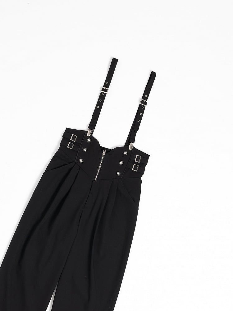 Black High-Waist Ouji Pants with Zip, Buckle Straps, and Shoulder Clips - DevilInspired Exclusive Collection