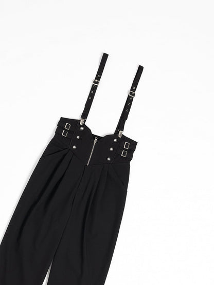 Black High-Waist Ouji Pants with Zip, Buckle Straps, and Shoulder Clips - DevilInspired Exclusive Collection