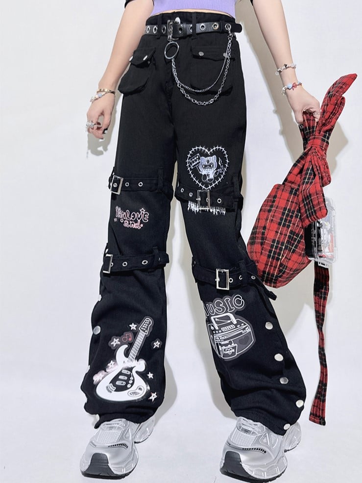 Buckle Straight-leg Punk and Black Guitar with Pants Straps Print
