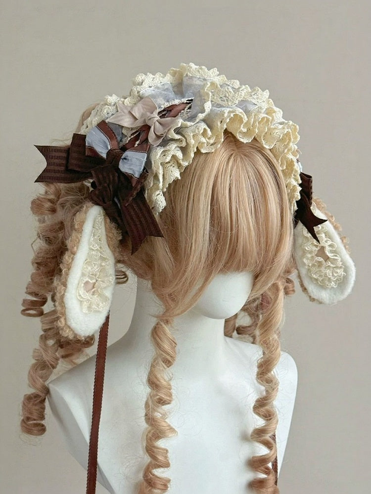 Detachable Plush Bunny Ears Hairband with Brown & Blue Bow Lace Accent - The Accessories' Story