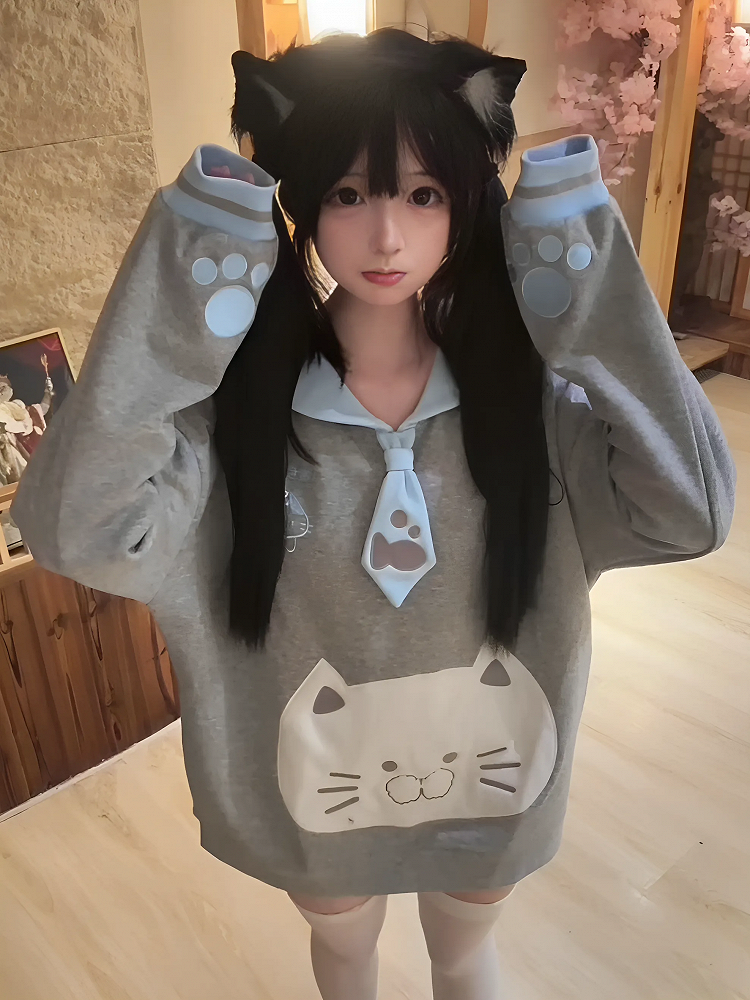 with Aesthetic Collar Girl Blue Soft Sweatshirt Cat-Ear Gray Embroidery Sailor Angel Kitten