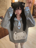 with Aesthetic Collar Girl Blue Soft Sweatshirt Cat-Ear Gray Embroidery Sailor Angel Kitten