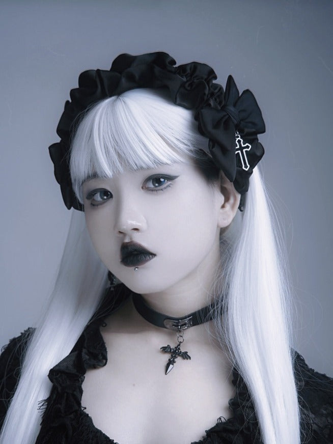 Black Ruffled KC Headpiece with Cross Pendant - Strange Sugar