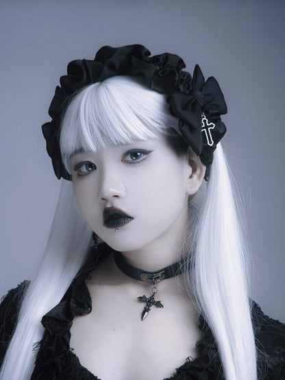 Black Ruffled KC Headpiece with Cross Pendant - Strange Sugar