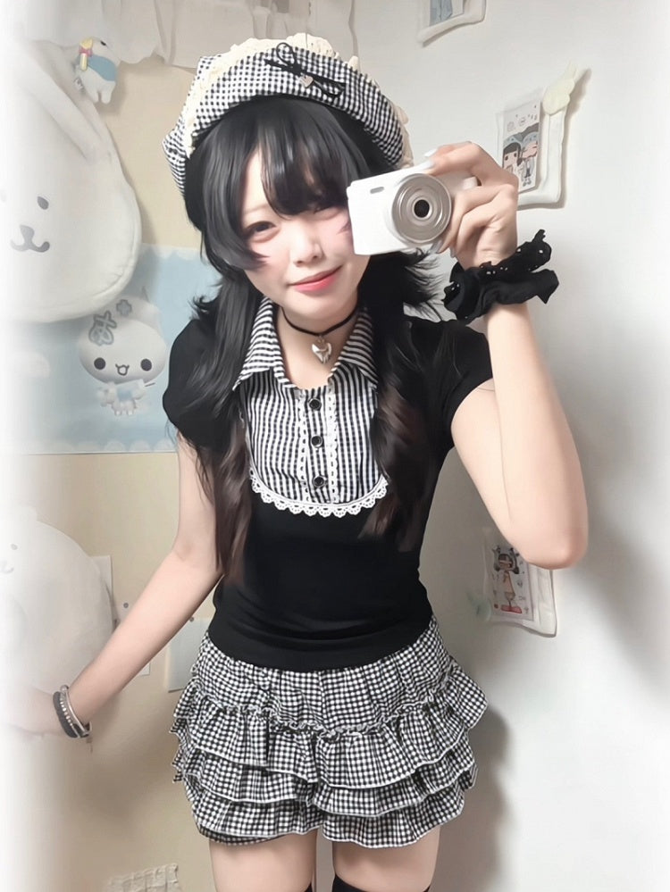 Brim Black and Flipped Gingham Beret White with