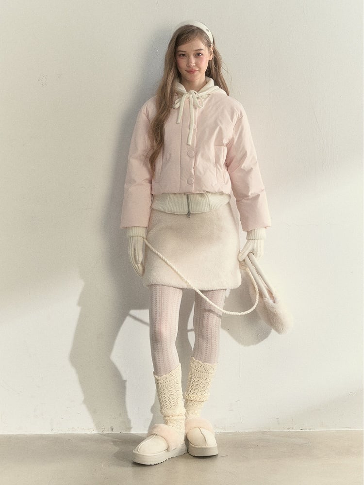Jacket with Pink Hooded Down Bow Fake Two-Piece Details