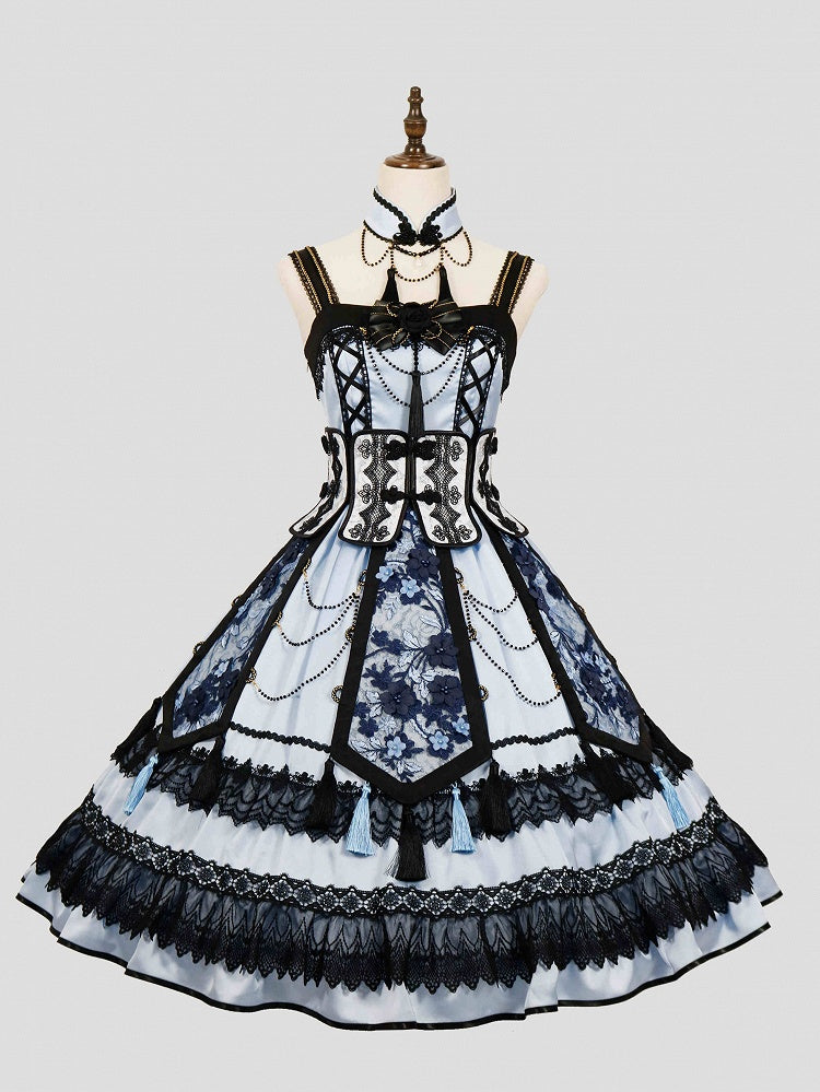 Blue and Black Elegant Chinoiserie Style Dress + Boned Corset Belt + Tassels Overlay Qi Lolita JSK Set