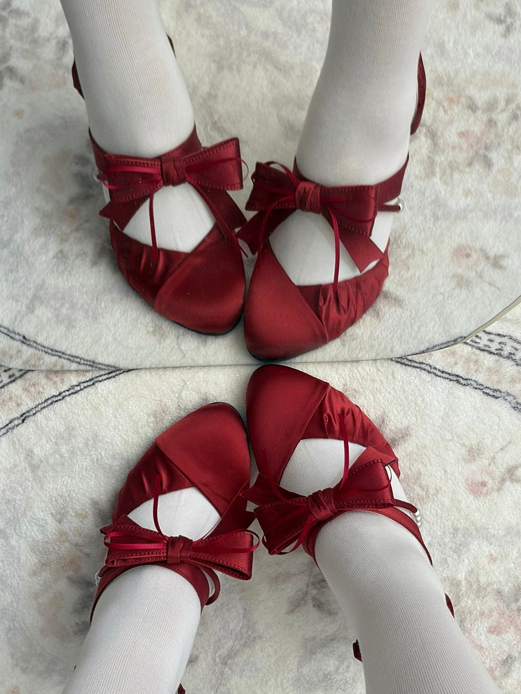 with Lolita Satin High-heel Toe Classic Accents Bow Red Pointed Shoes