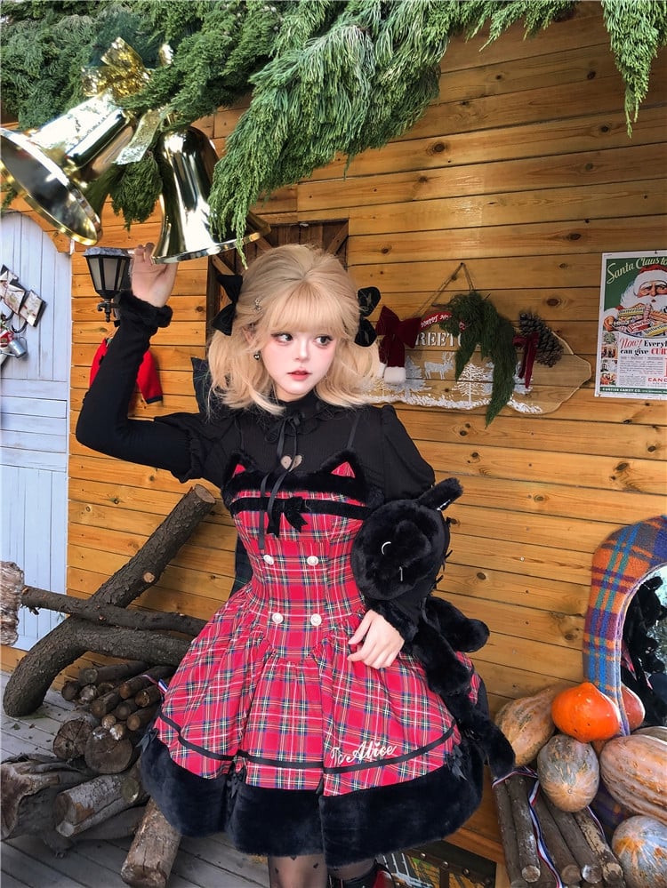 Weihnachten Rote Katzenohren Plüsch Saum Plaid Kleid Lolita Pullover Rock