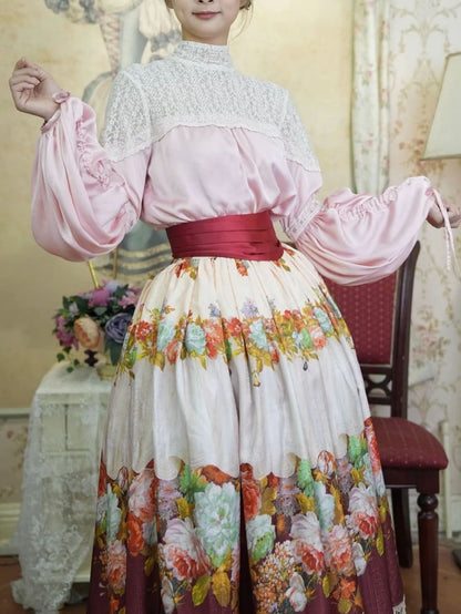 Pink Blouse Wine Red Crystal Tassel Floral Skirt Set