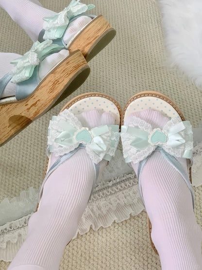 Lolita - Top Bow Slippers Satin Sole Mint Grain Wa at Platform Wood