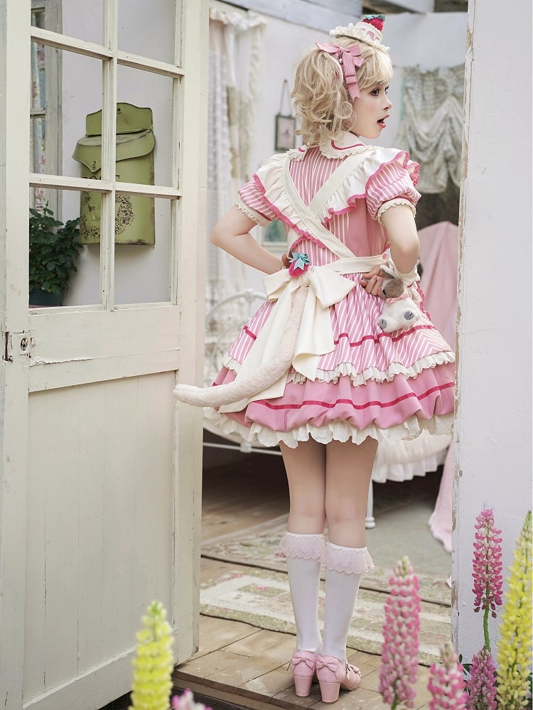 Strawberry Theme Sweet Lolita OP with Apron, Sakura Pink Striped Pattern - Sakurahime