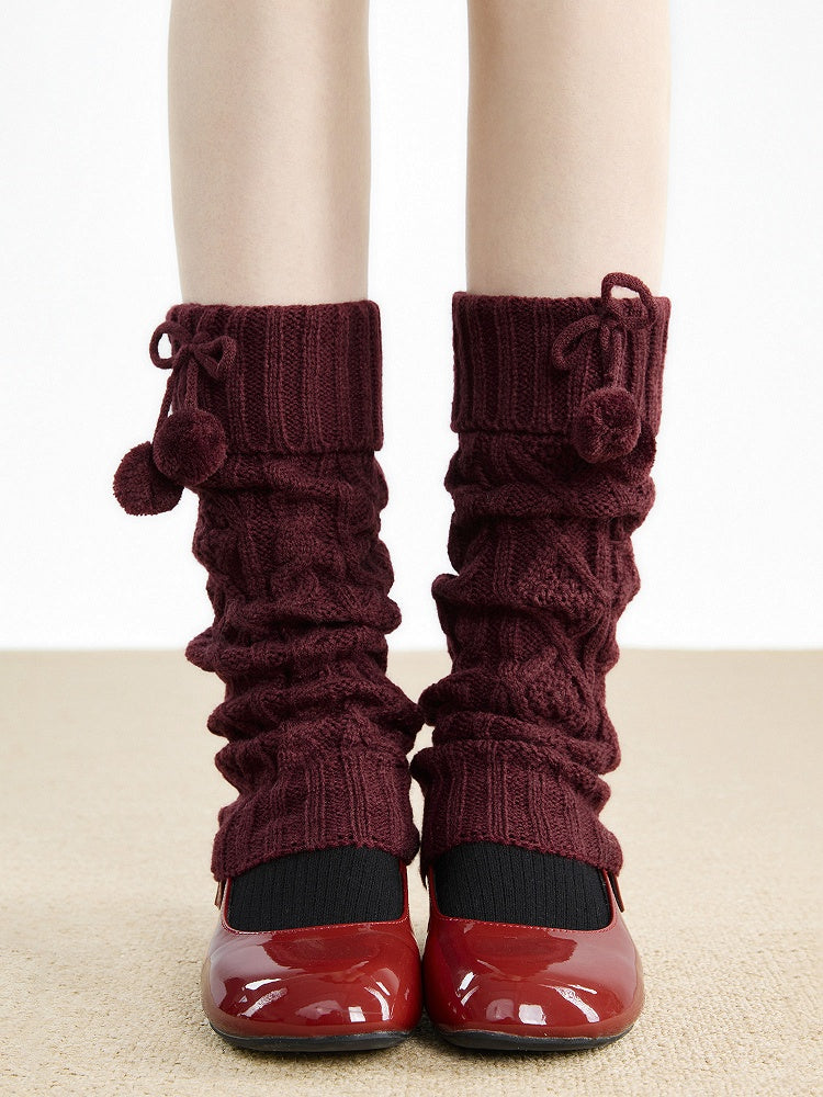 Knit with 5-Color Leg Warmers Detail Cable Bow Pom-Pom