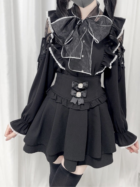 Jirai Kei Black/White/Dusty Cutout Shoulder Blouse Bow Neckline Big Pink