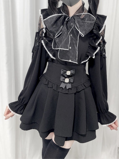 Jirai Kei Black/White/Dusty Cutout Shoulder Blouse Bow Neckline Big Pink