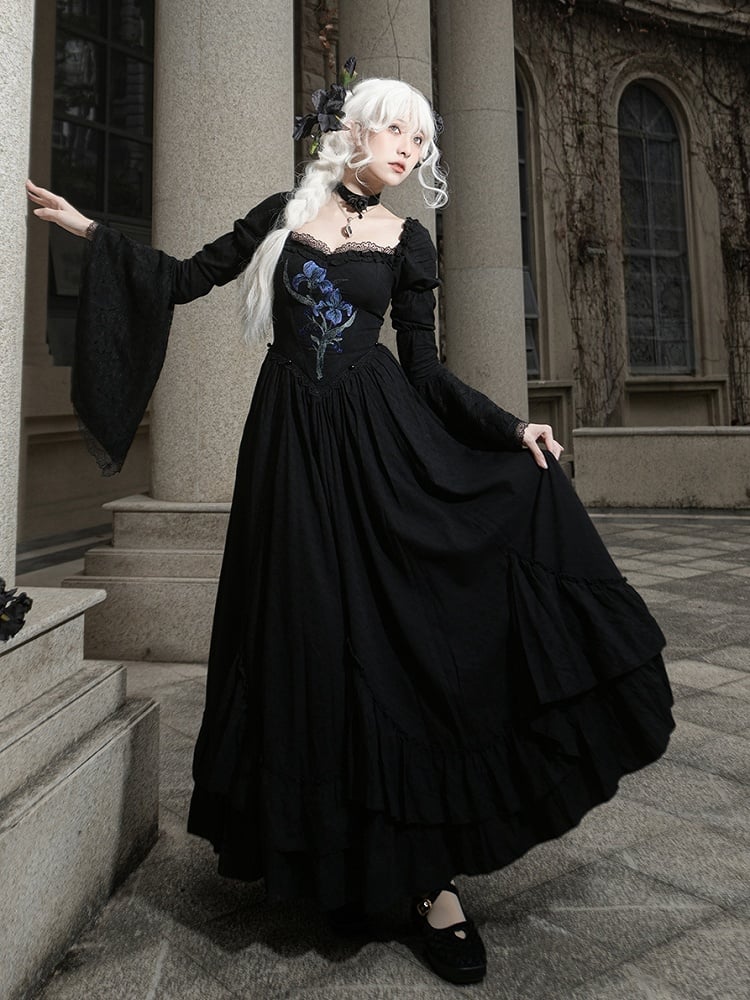 Lolita Black Skirt Dress Drawstring Iris with Gothic Elegant Embroidery