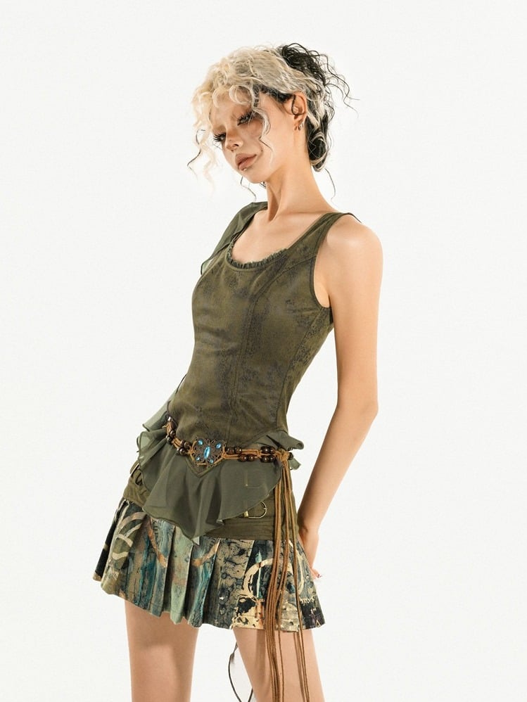 Green Scoop Neck Sleeveless Ruffle Trim Top