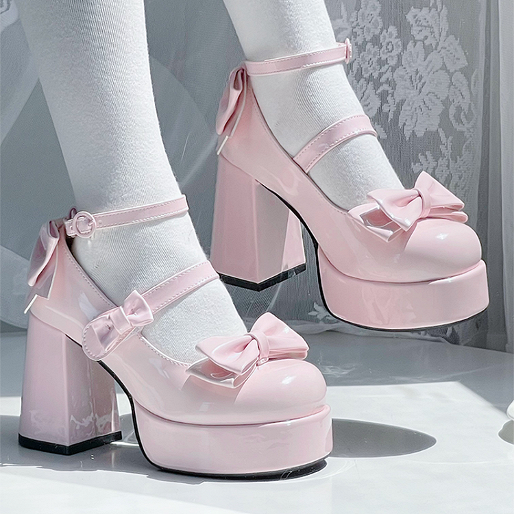 Rosa Lolita-Schuhe mit Schleife und Plateau und hohem Blockabsatz