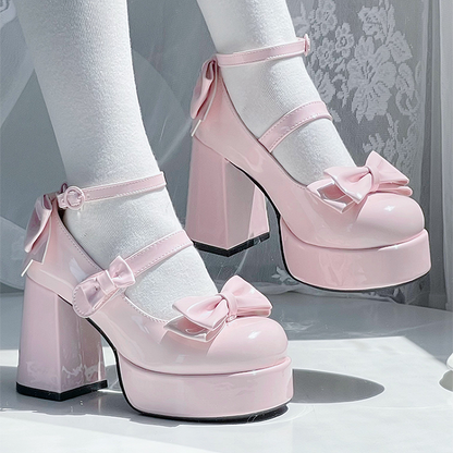 Rosa Lolita-Schuhe mit Schleife und Plateau und hohem Blockabsatz