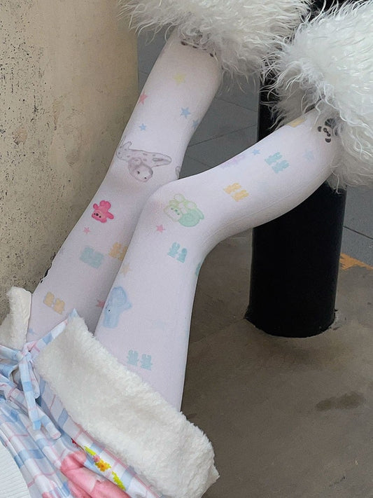 Sweet White Tights With Multi-Color Bear Print