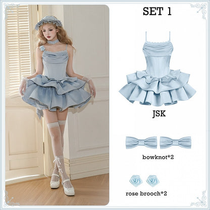 Set mit Stäbchen, JSK-Taille, volle Träger, elegantes blaues Kleid mit Ausschnitt, Wasserfallausschnitt, Spaghetti-Lolita