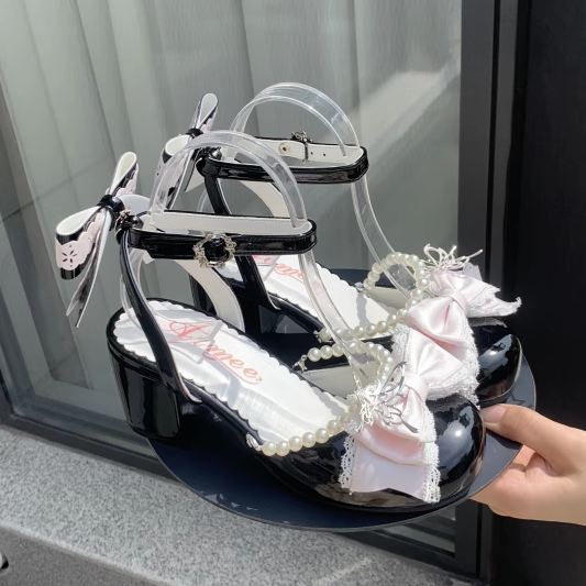 Sweet Lolita Jane Chain Top Mary Bow at Black Bead Pink with Shoes Detachable