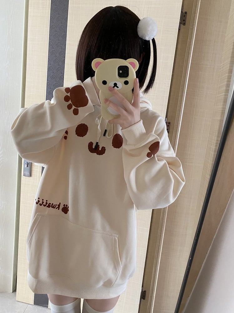 Hoodie Front Pouch with Themed Print Cat Pocket Off-white