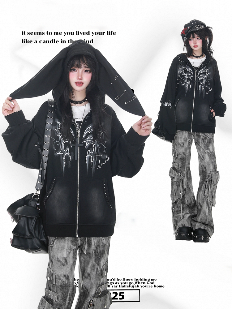 Black Vintage Punk Bunny Ear Hoodie with Zipper Closure