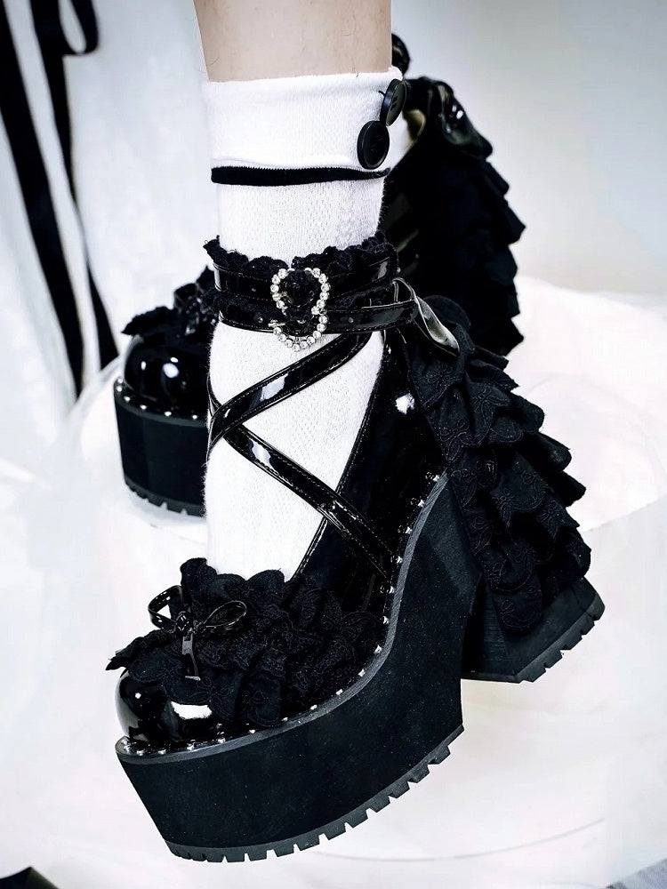 Lace High Platform Heart - with Vamp Black Gothic Buckle Block Knotted Multi-Layer Bow Heel Heels Rhinestone