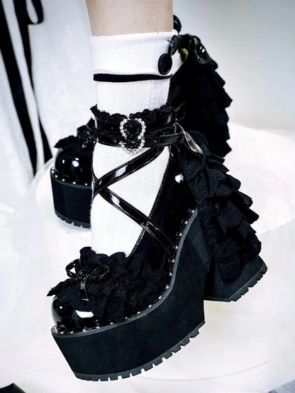 Lace High Platform Heart - with Vamp Black Gothic Buckle Block Knotted Multi-Layer Bow Heel Heels Rhinestone