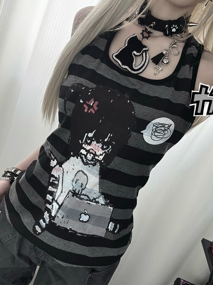 Striped Tank Top with Choker - Corner cat