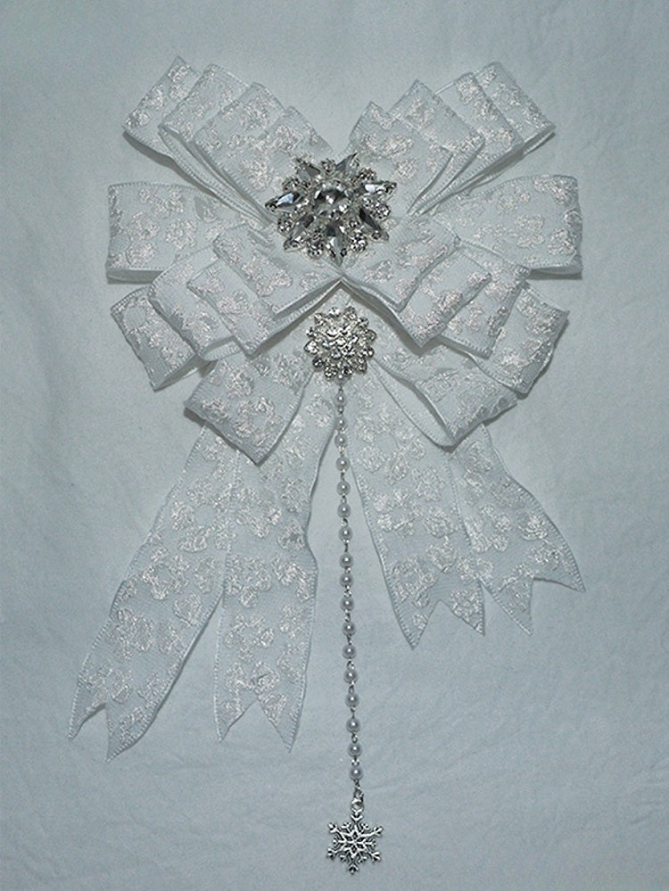 Schneeakzente, weiße Charm-Haarspange/Brosche mit Perlen und Strasssteinen und Schleife, Lolita Gothic