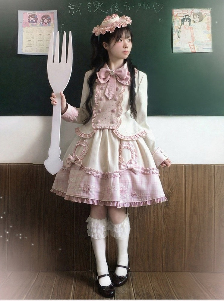 Sweet Pink Beige Adjustable Strap Skirt with Heart Bow Details - U.Rtto