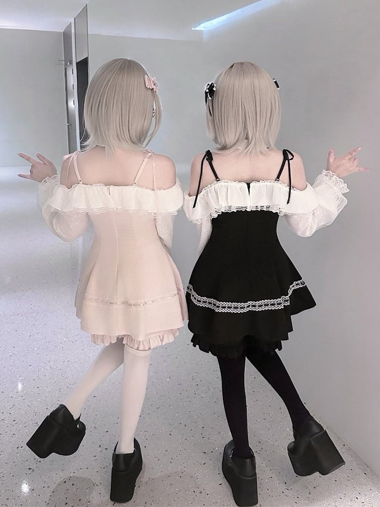 Monochrome Jirai-Kei Two-Piece Ensemble - Off-Shoulder Lace Long Sleeve Gown + Coordinating Shorts - Puppet Bombs