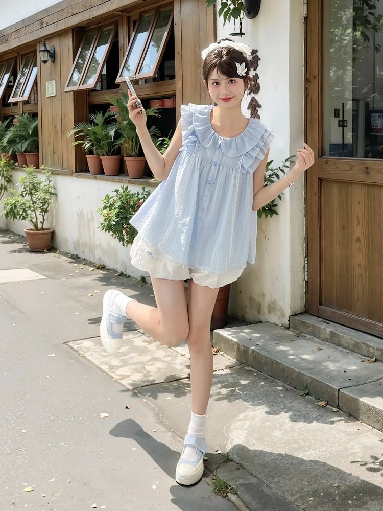 Sweet Tank Top Blue Peter Pan Collar Tiered Flutter Sleeves Bow Buttons