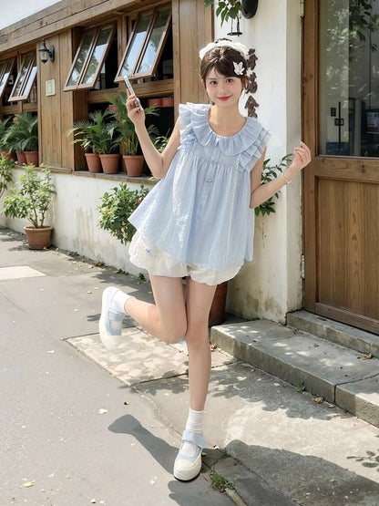 Sweet Tank Top Blue Peter Pan Collar Tiered Flutter Sleeves Bow Buttons