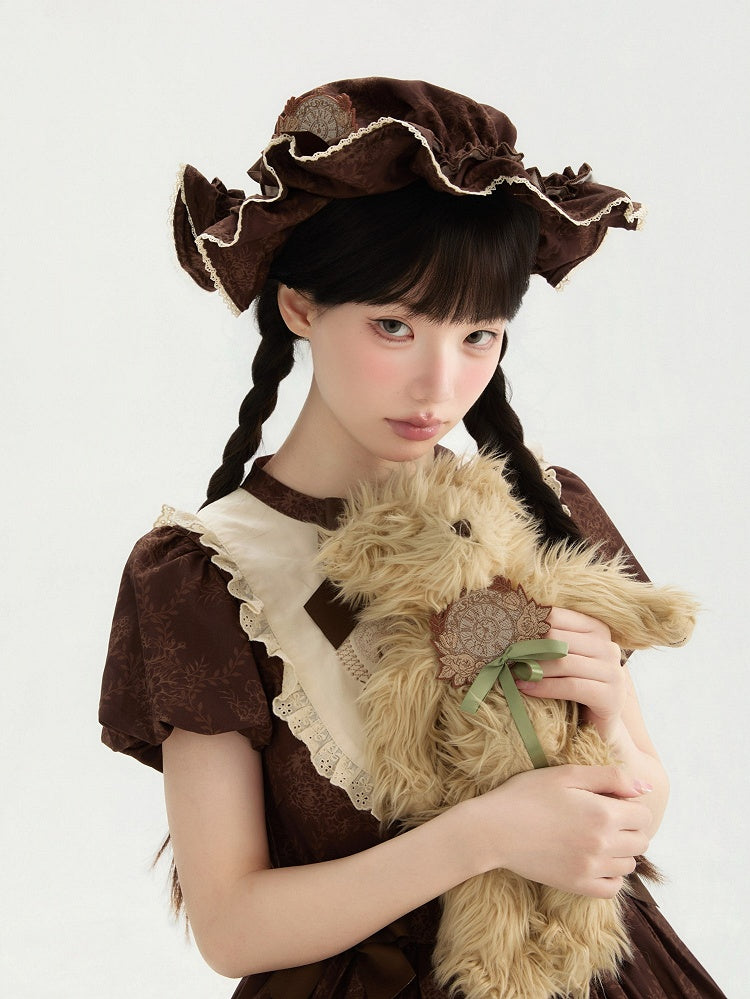 Lolita Floral with Blue/Brown/White/Light Ruffled Hat Brown Pattern Bow